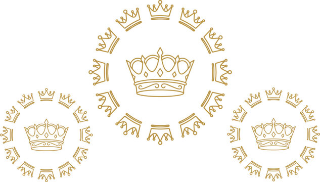 Elegant gold royal queen crown emblem circular border set minimalist linear luxury jewelry brand logo heraldic decoration graphics collection