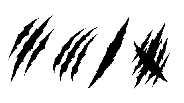Black animal claw scratch marks and wild beast slash rip traces isolated on white background, perfect for horror poster design, gaming graphics and apparel print