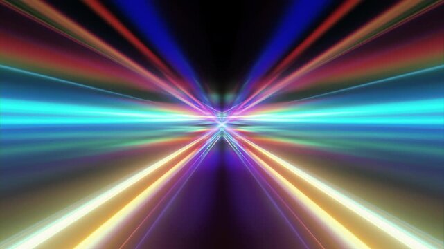 A dynamic, abstract background featuring vivid blue, purple, and pink neon light rays converging at a central vanishing point, creating an immersive futuristic tunnel. This energetic design suggests