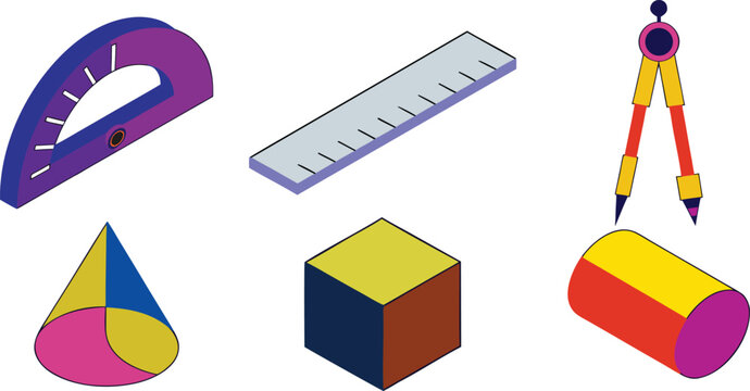 Geometric Shapes and Tools: Protractor, Ruler, Compass, Cone, Cube, Cylinder vector illustration