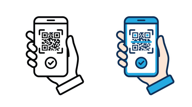 Two hands holding smartphones displaying digital qr codes with blue outlines and simple line art style