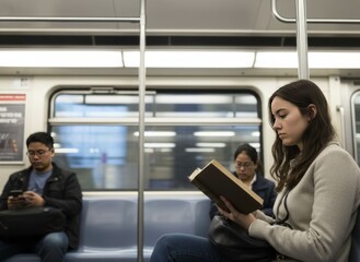 Fototapeta premium Young Woman Reading a Book on a Subway Train During a Quiet Urban Commute