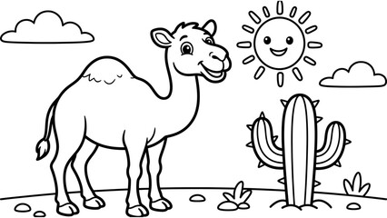 Fototapeta premium Line art of a cartoon camel standing in the desert with a smiling sun cactus and clouds