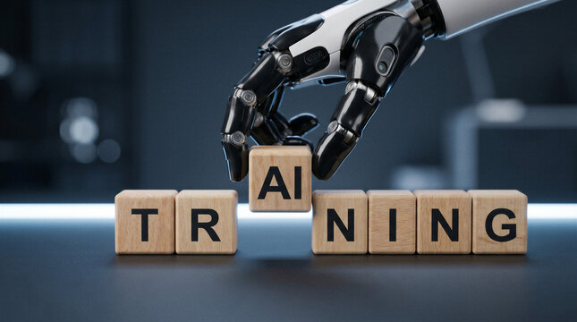 Robotic hand placing AI block in training word for artificial intelligence learning, automation, machine learning and technology education concept.