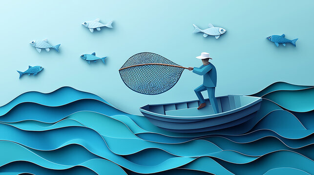 Man in boat catches fish with net among waves and fish