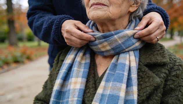 A woman wrapping warm scarf around elderly woman outdoors in autumn weather for comfort and family cares.