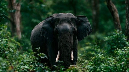 Obraz premium A majestic elephant moves through the dense vibrant jungle environment showcasing dynamic contrasts of light and shadow