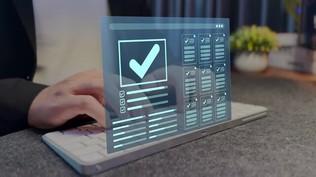Businessman filling Digital checklist system for document approval, workflow management and quality control