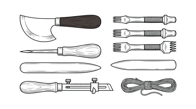 Leather Crafting Tools Engraved Vector Illustration Set