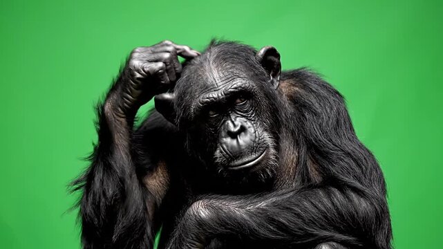 Pondering Chimpanzee Portrait with Pensive Expressions on Green Screen