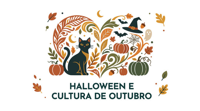 Halloween and october culture celebration with black cats pumpkins bats and autumn leaves