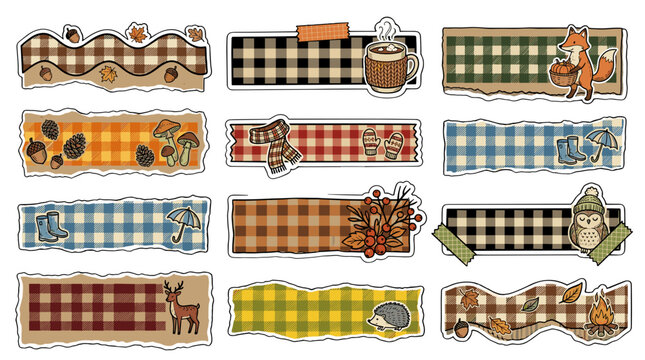 Set of nine cute and colorful fabric patchwork banners with various patterns and designs