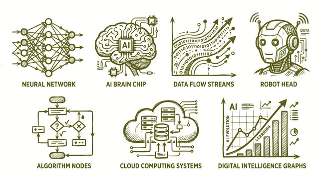 Set of artificial intelligence icons, hand drawn sketch illustration of neural network, ai brain chip, data flow streams, robot head, algorithm nodes, cloud computing systems and digital intelligence 