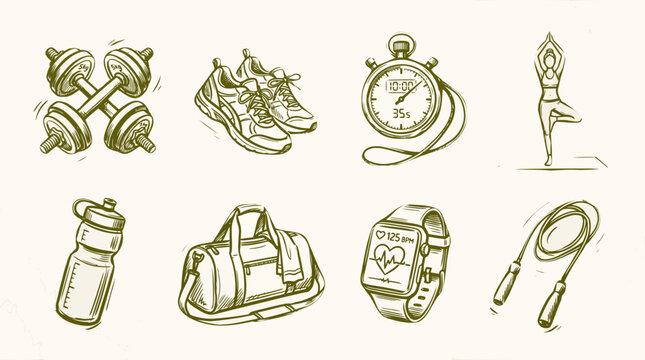 Set of handdrawn fitness and gym equipment icons, including dumbbells, running shoes, stopwatch, yoga pose, water bottle, sports bag, fitness tracker, and jump rope