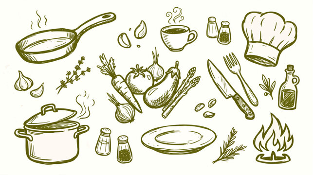 Hand drawn kitchen tools and food ingredients set vector illustration of cooking utensils, vegetables, spices, chef hat, and tableware