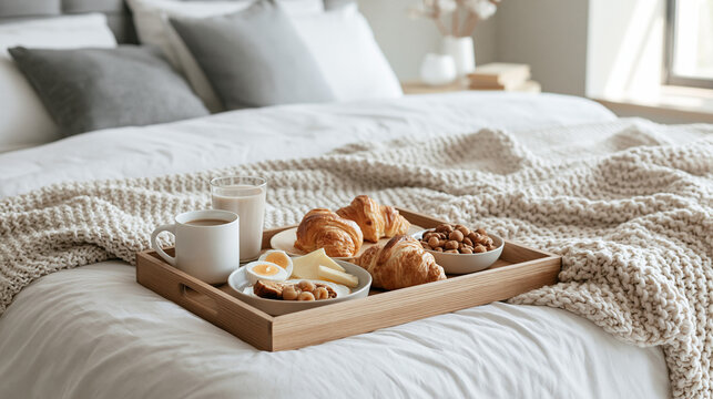 A wooden tray with fresh croissants and coffee sits on a white bed with a cozy knitted blanket for a relaxing breakfast