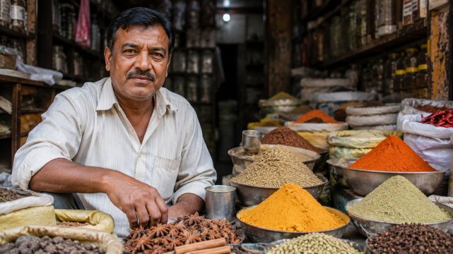 Old Delhi spice merchant in a colorful market