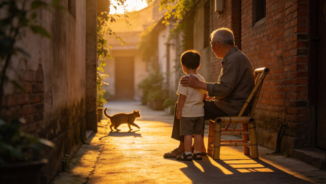 Grandparent grandchild alley, tabby cat, golden hour nostalgia