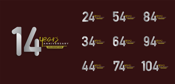 Anniversary Logo Type Set with Silver Ribbon Style 14 to 104 Years for celebration event, wedding, greeting card, and invitation. Collection features premium silver metallic folded numbers with golden