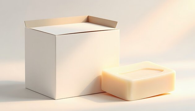 A white cardboard box stands open beside a beige soap bar on a plain surface.