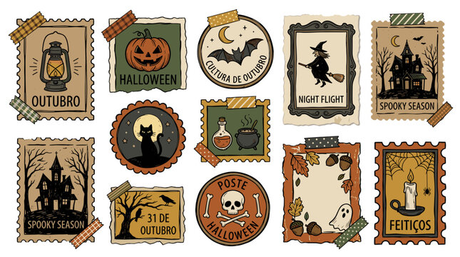 Set of twelve halloween themed stickers and labels with spooky designs and autumn elements