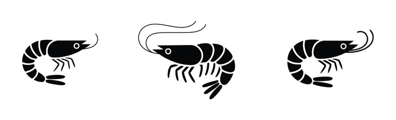 Fototapeta na wymiar Shrimp silhouette icons, black ink seafood illustrations, different shrimp poses and shapes, culinary design elements