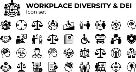 Obraz premium Workplace Diversity DEI Icon Set Diverse Team Inclusion Circle Equity Scale Belonging Accessibility Gender Equality Cultural Diversity Vector Illustration