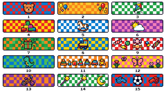 Collection of colorful and playful bingo game cards with numbers and themed illustrations