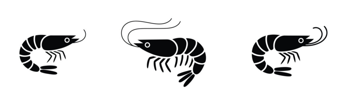 Shrimp silhouette icons, black ink seafood illustrations, different shrimp poses and shapes, culinary design elements