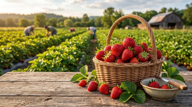 A basket and bowl filled with freshly harvested organic strawberries on a rustic wooden table in a sunny summer strawberry field with farm workers in the background under a warm sunset sky