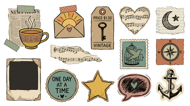 Collection of vintage travel and adventure icons including compass map and suitcase