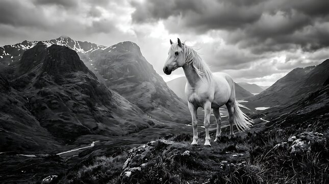 Majestic White Horse Standing in a Dramatic Mountain Landscape in Black and White.