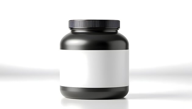 A black plastic supplement jar with a white label sits on a reflective white surface in a clean environment.