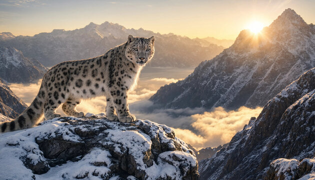 Himalayan snow leopard sunrise.