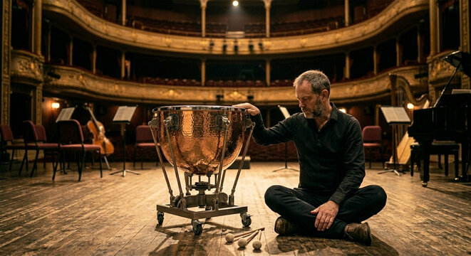 A candid, contemplative photograph of a percussionist sitting on the stage floor beside their timpani after a performance, resting a hand on the edge of the bowl, with warm