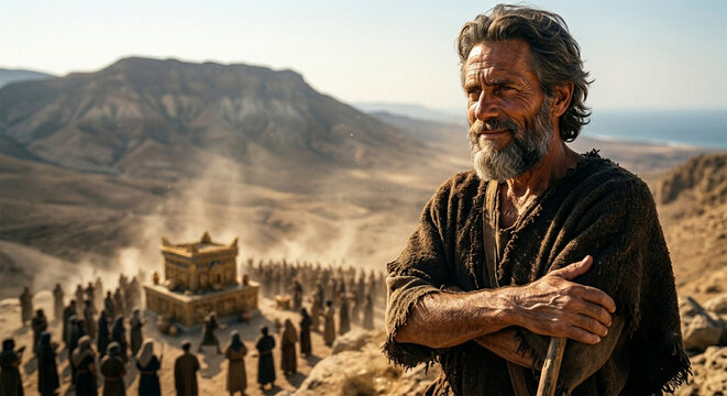 Bible, A powerful, close-up photograph of Elijah standing with his arms crossed, a subtle, sharp smile of irony on his face as he watches the Baal prophets. 