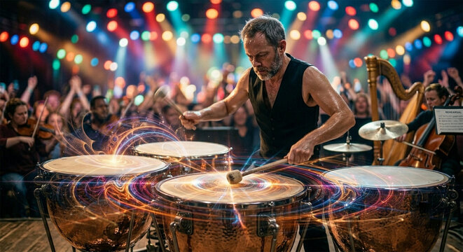 A dynamic action shot of an orchestral performance, capturing the moment the mallets strike the timpani head, with a slight motion blur that conveys the power, precision, 