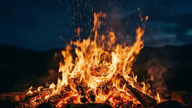 Vivid campfire blaze with glowing logs and flickering flames at night