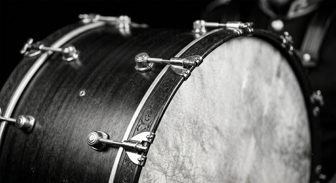 A high-contrast black and white photograph focusing on the geometric rhythm of the bass drum's tension casing and large, circular rim, using a shallow depth of field to keep the focus sharp on the fro