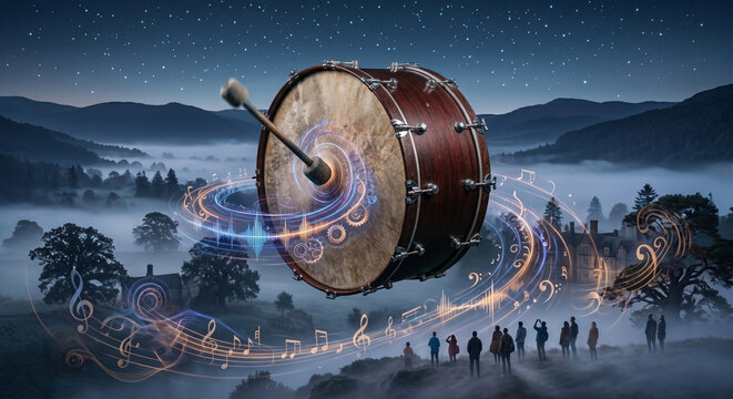 A conceptual, surreal image of a bass drum floating in a serene, mist-covered valley, with ripples of invisible, powerful sound energy radiating outwards from the drumhead, 