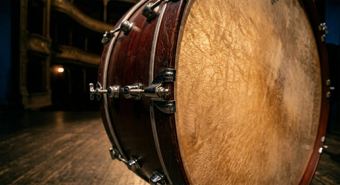 A macro, wide-angle shot of a large orchestral bass drum, focusing on the taut texture of the calfskin head and the heavy-duty tension bolts,\