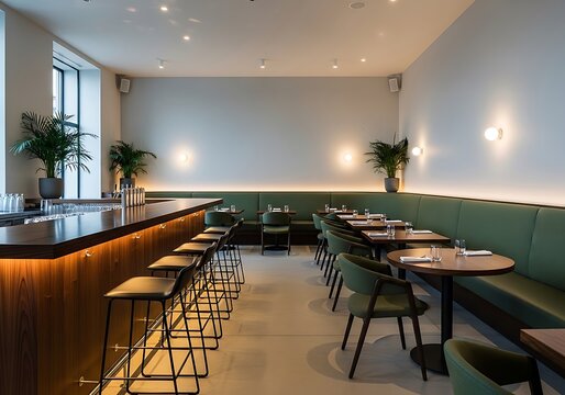 Modern restaurant interior with green booth seating and wooden bar