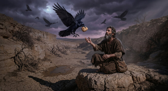 Bible, A dramatic, low-key digital painting capturing a large, sleek raven swooping down toward a seated Elijah. The bird holds a piece of bread in its beak, its wings spread wide against a dark, mood
