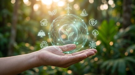 Obraz premium Hand Holding Virtual Planet and Green Energy Icons in Forest