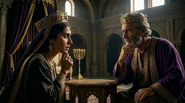 Bible, A close-up, high-contrast digital art piece focusing on the Queen of Sheba&rsquo;s face as she poses a challenging riddle to Solomon. 