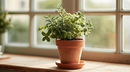 Fototapeta premium Fresh green herbs grow in a small clay pot on a wooden windowsill indoors during a bright day