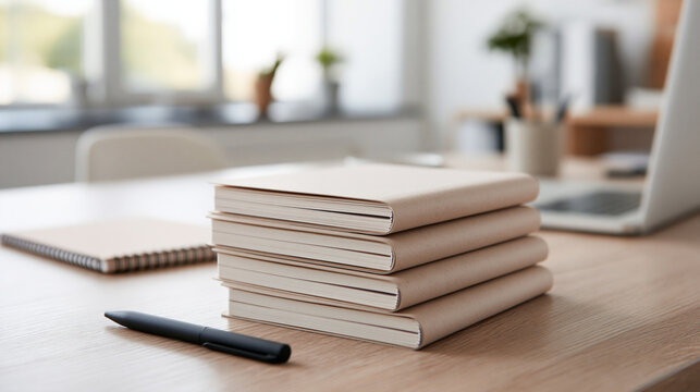 A stack of craft paper notebooks sits on a wooden desk with a black pen in a bright office space