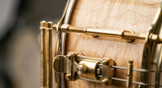 A macro close-up of a professional maple-shell snare drum, focusing on the crisp texture of the tension rods and the intricate mechanism of the snare strainer, illuminated