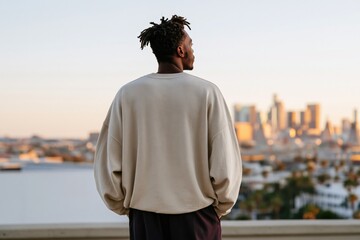 Obraz premium Young man standing on rooftop overlooking urban skyline at sunset for background banner and lifestyle design