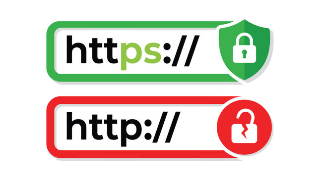 Secure https and insecure http web address bars with colorful padlock icons on white background